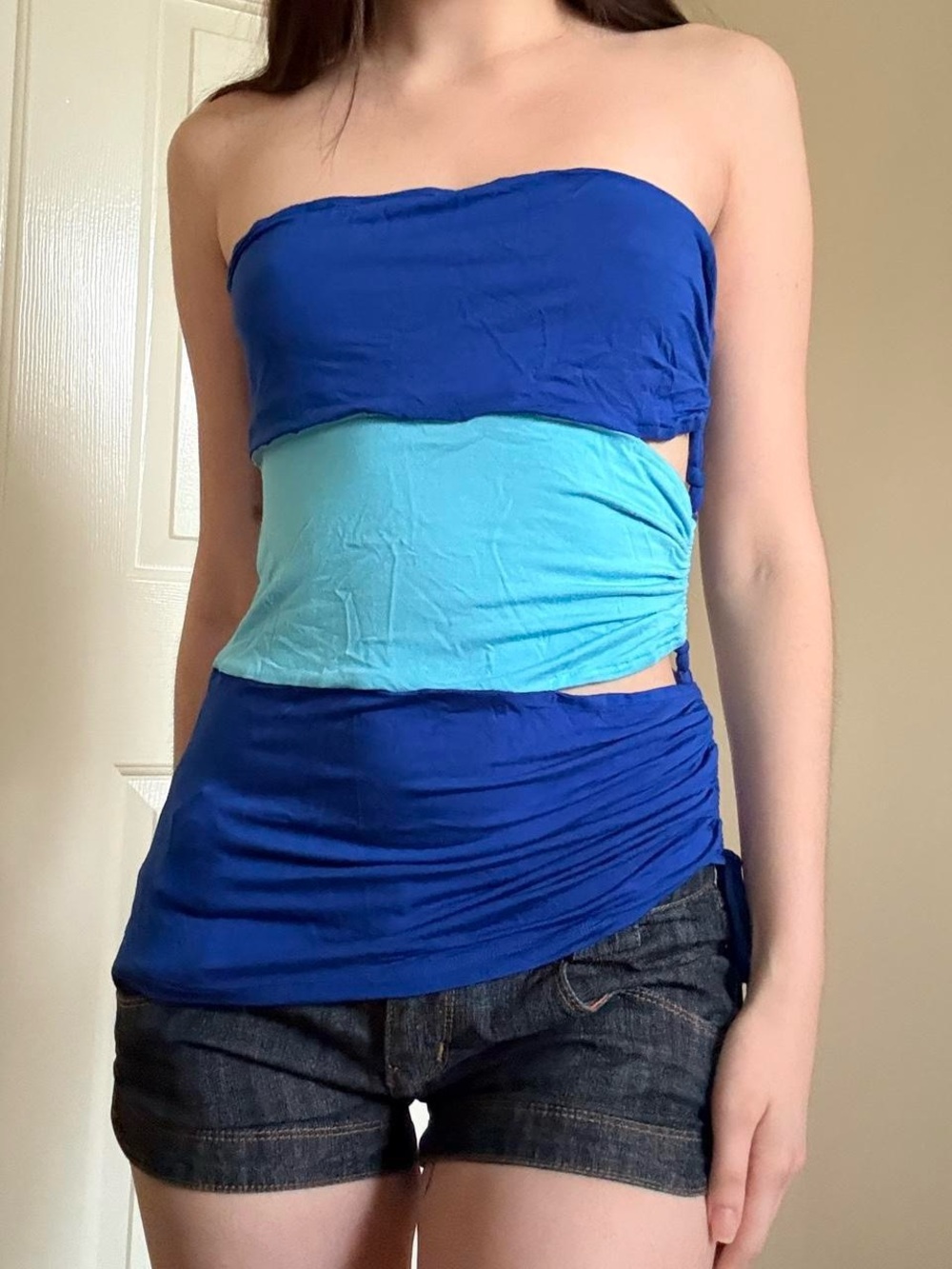 bebe Two-Tone Strapless Tube Top in Royal Blue and Aqua